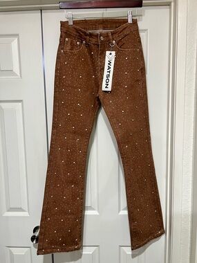 NWT WATSON BROWN EMBELLISHED CRYSTALS STACKED BOOT JEANS SIZE 28